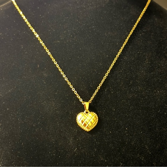 ✨2 for $30✨ Gold Plaid Puffy Heart Pendant Necklace 💛✨ (Checkered, Art Nouveau) - Picture 10 of 10